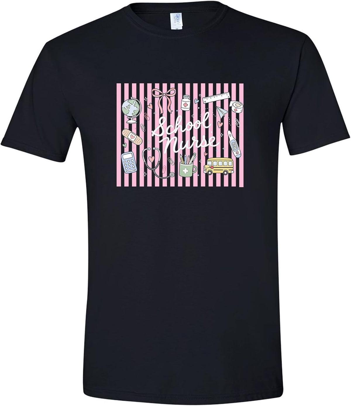 Cute School Nurse Pink Stripe Graphic Tee - Black
