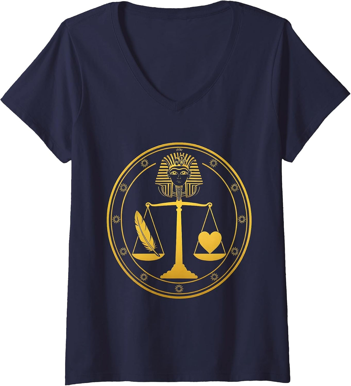 Women's Ancient Scales Feather and Heart Balance Design V-Neck T-Shirt - Navy Blue