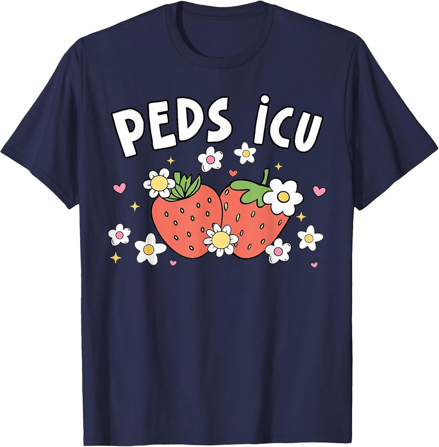 Retro PEDS ICU Strawberry Floral Pediatric Cardiac ICU Nurse T-Shirt - Navy Blue