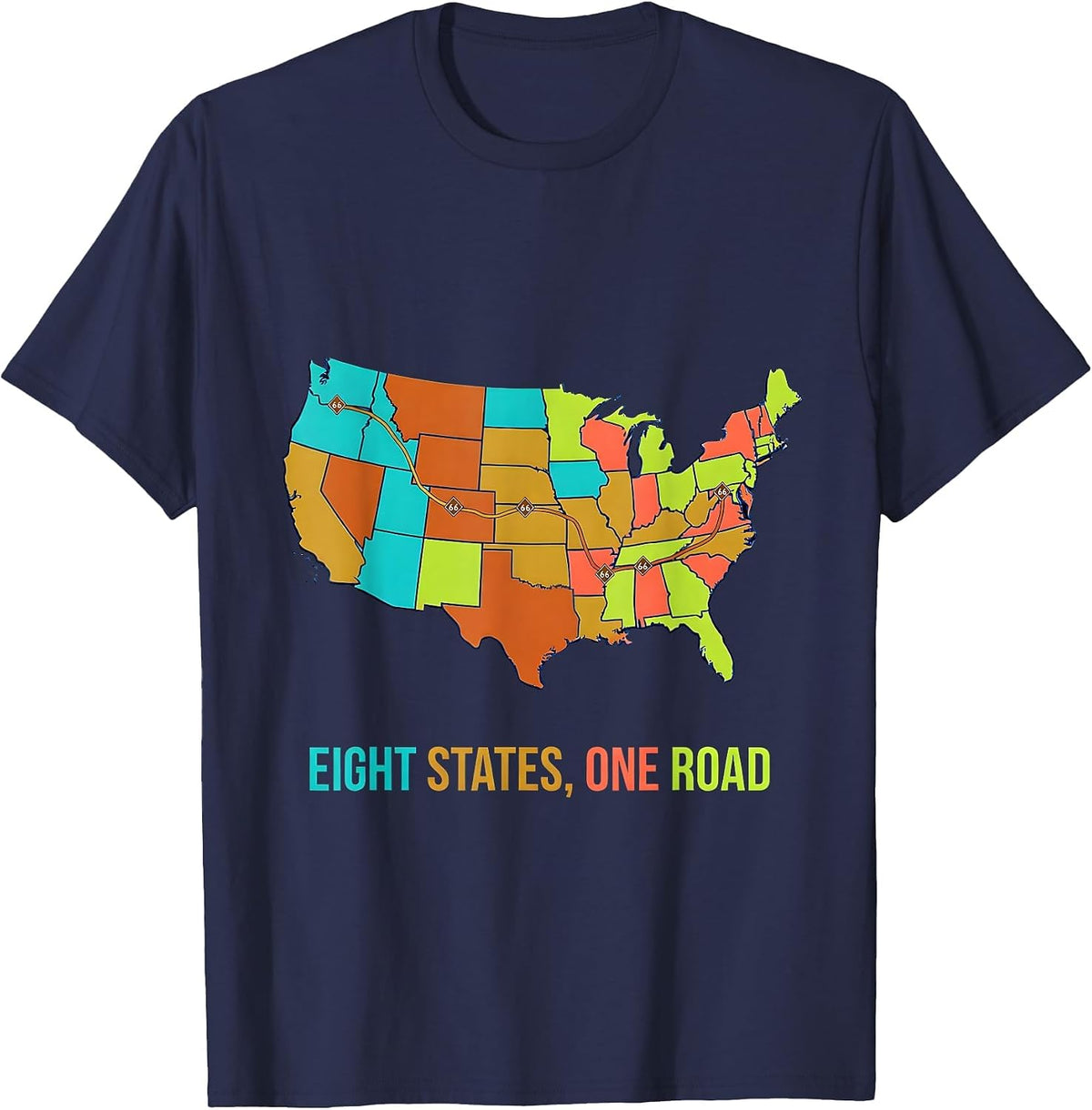 Eight States, One Road Route 66 Design T-Shirt - Navy Blue