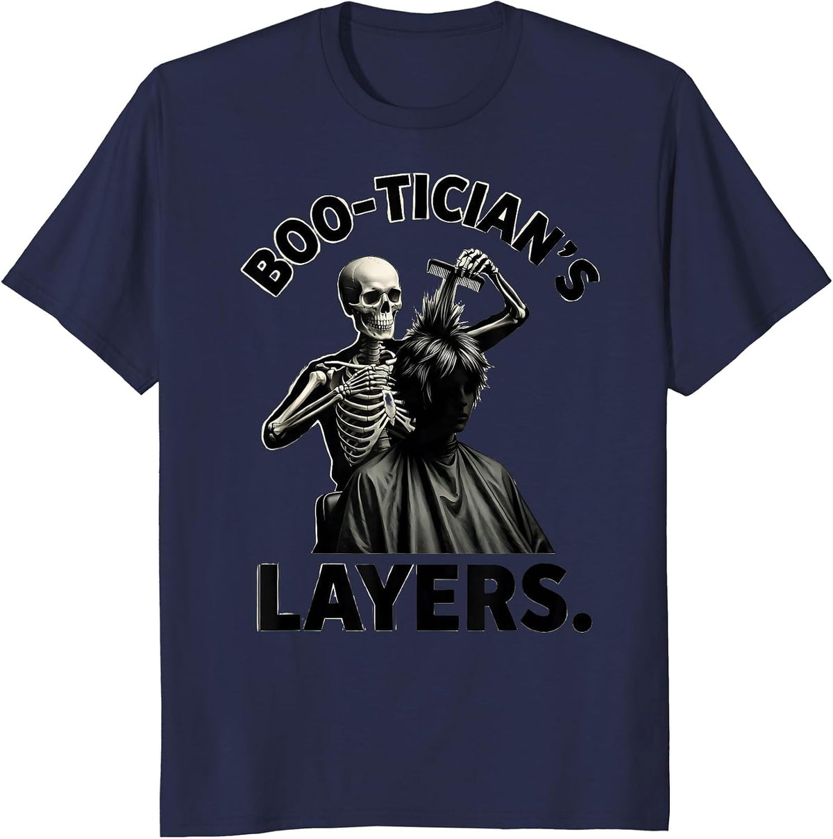 Men's Boo-tician's Layers Minimal Skeleton Hairstylist Halloween T-Shirt - Navy Blue