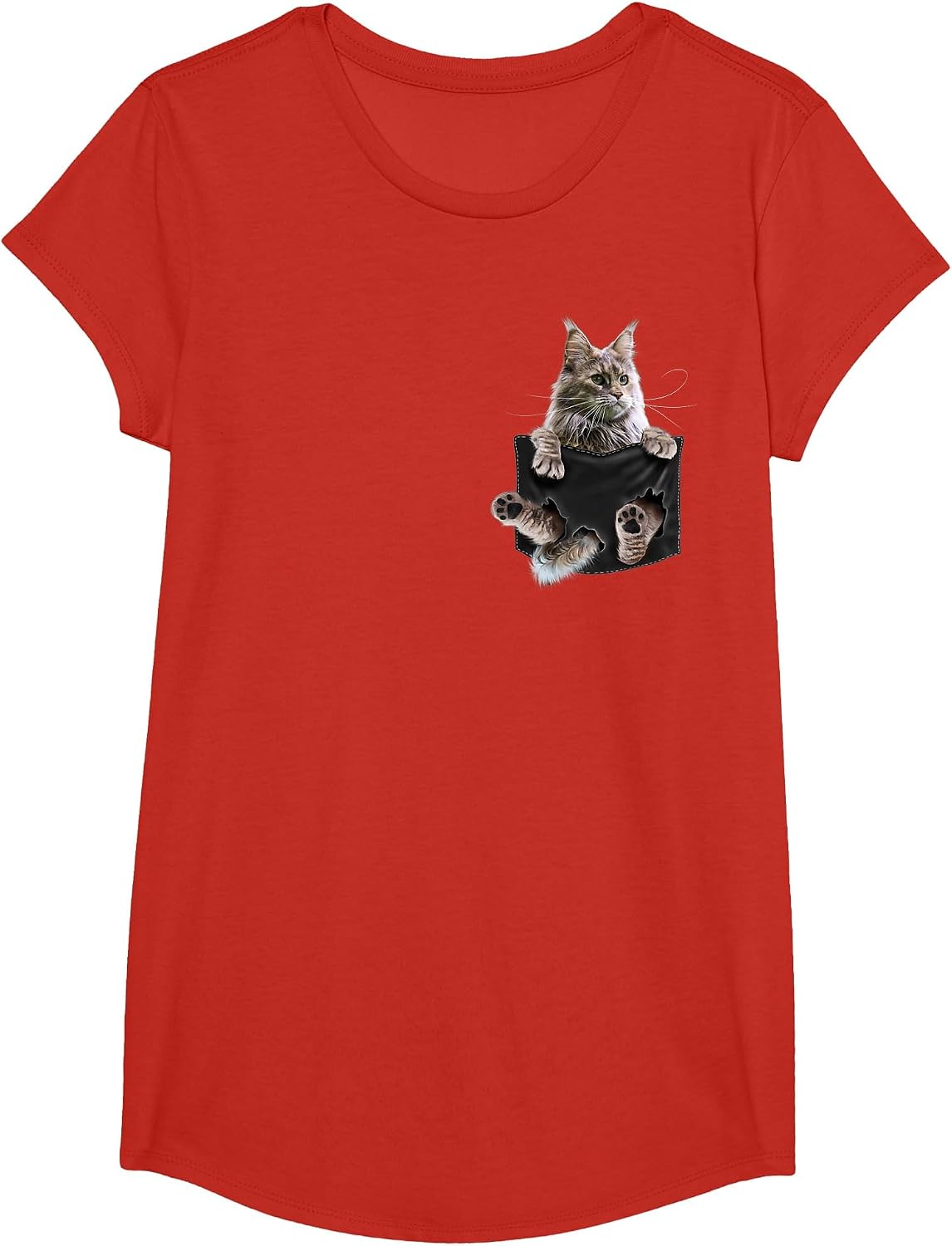 Maine Coon Cat in Pocket T-Shirt - Girls Red