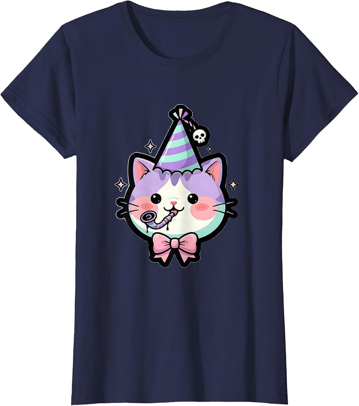 Women's Funbibi Cat Party Hat Noisemaker Celebration T-Shirt - Navy Blue