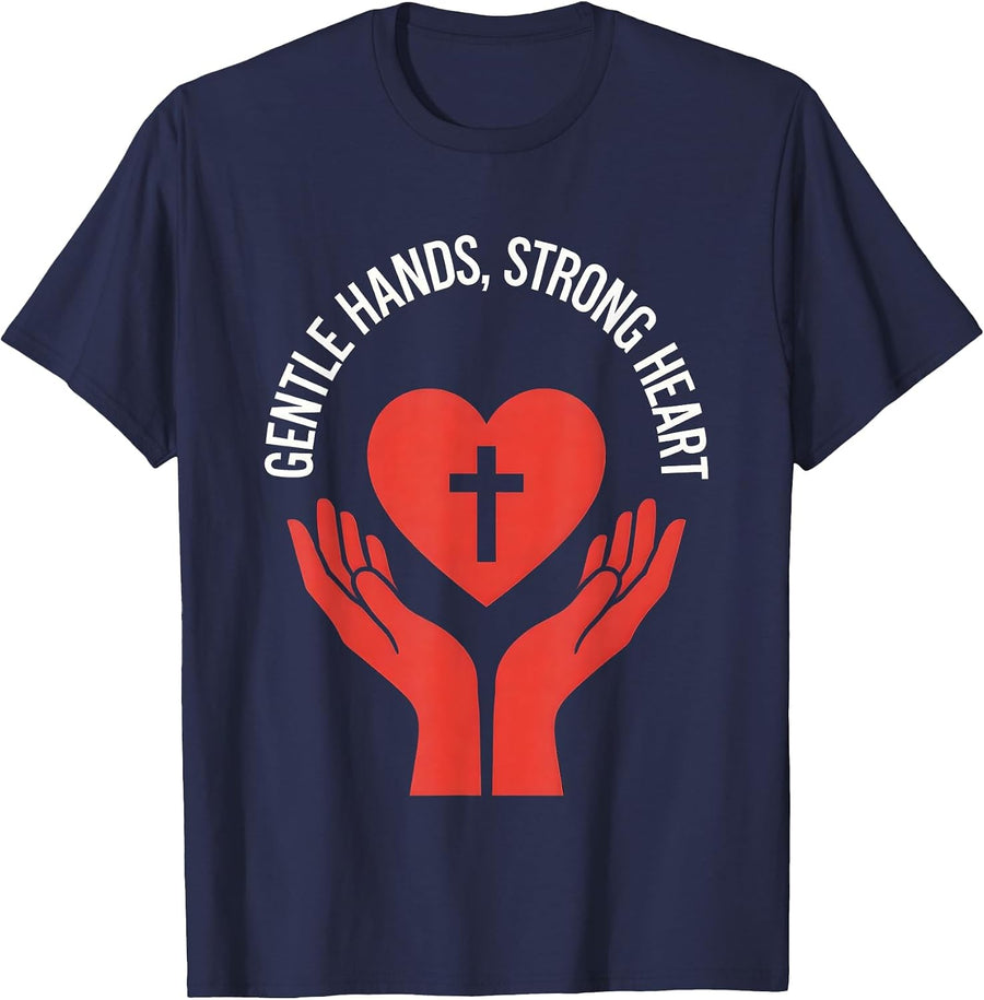 Gentle Hands Strong Heart School Nurse Design T-Shirt - Navy Blue