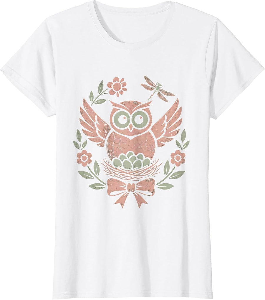 Women's Mother Owl Watching Over Nest at Night T-Shirt - White