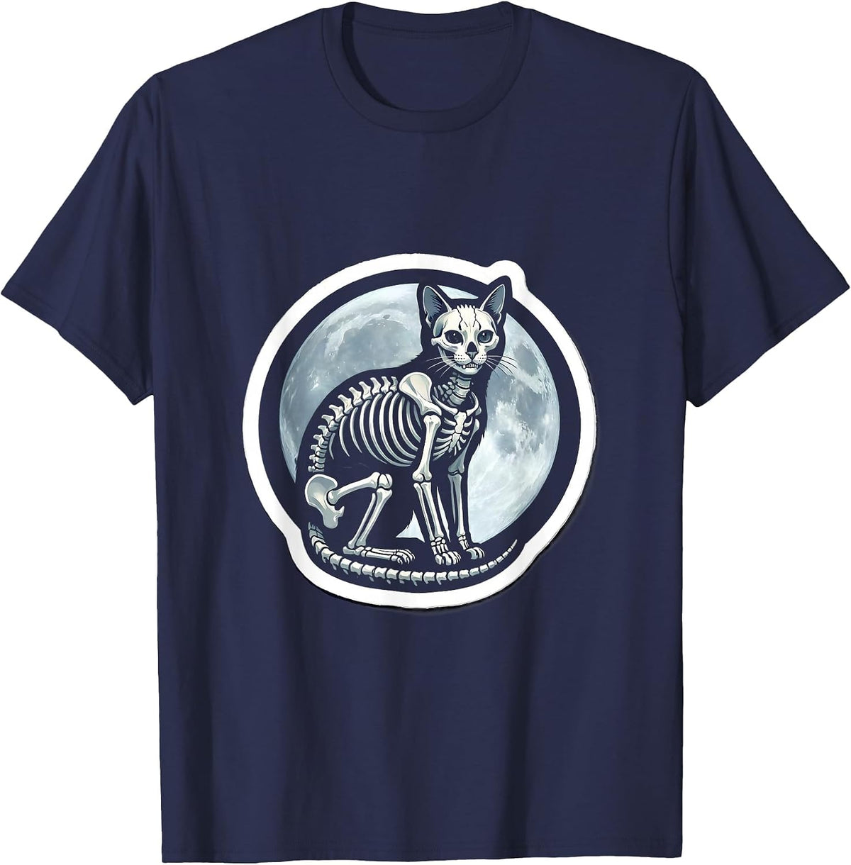 Cat Skeleton Glowing Under Moonlight Illustration T-Shirt - Navy Blue
