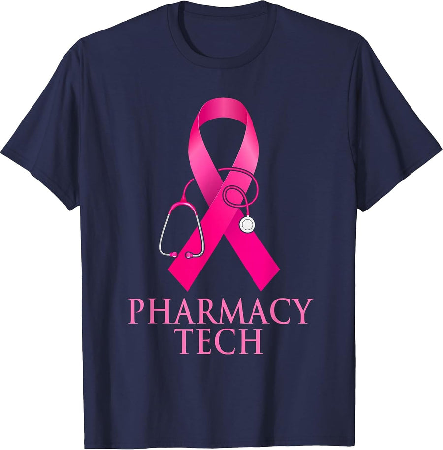 Pharmacy Tech Nurse Stethoscope Pink Heart Breast Cancer T-Shirt - Navy Blue