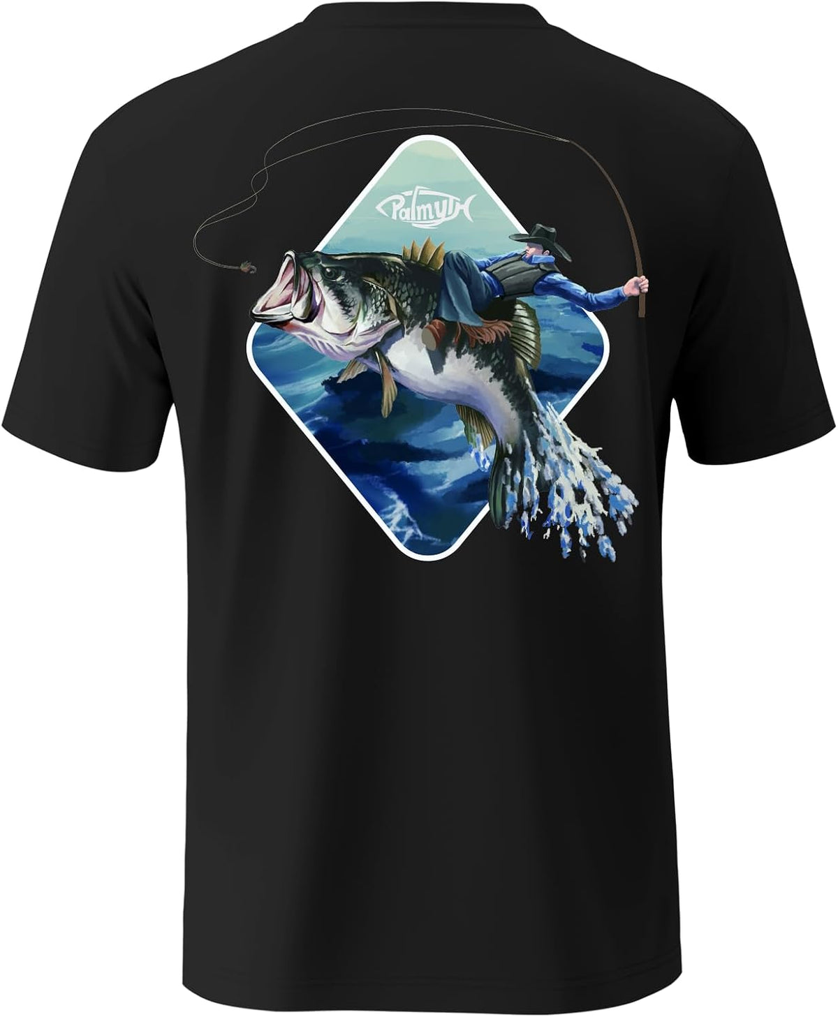 Palmyth Fishing Shirt for Men Short Sleeve UPF 50+ Sun Tee with Pocket - Black \/ Cowboy Ride Bass