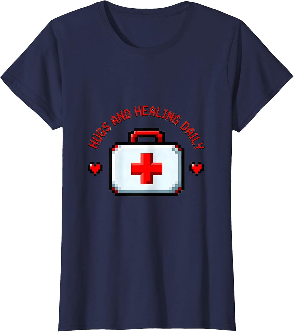 Women's Hugs and Healing Daily School Nurse Design T-Shirt - Navy Blue