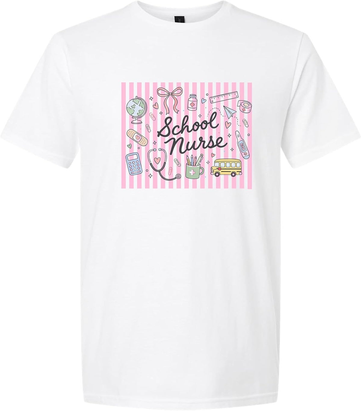 Cute School Nurse Pink Stripe Graphic Tee - White