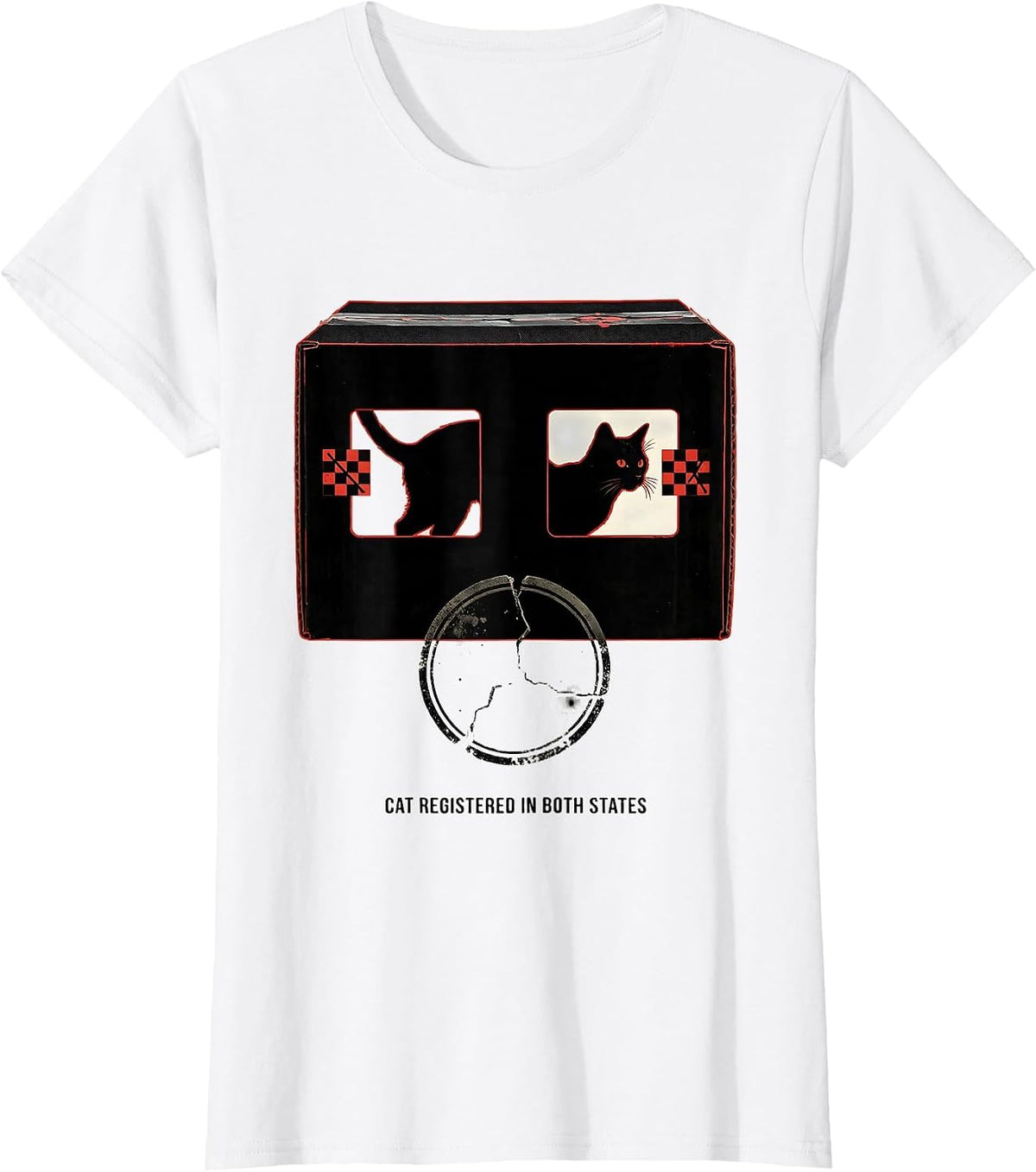 Women's Cat Registered In Both States Quantum Physics Science Humor T-Shirt - White