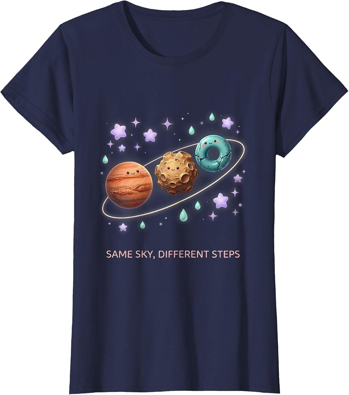 Women's Same Sky Different Steps Cute Kawaii Neurodiverse Universe T-Shirt - Navy Blue