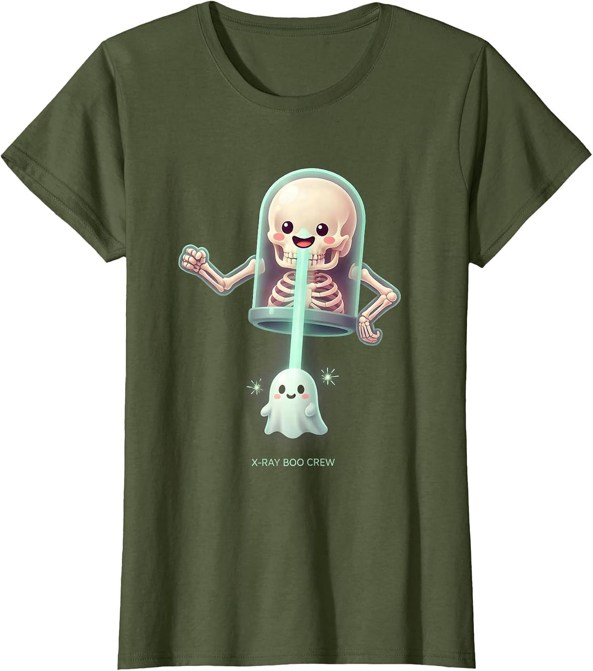 Women's X-Ray Boo Crew Cute Kawaii Halloween Radiology Tech Ghost T-Shirt - Olive Green