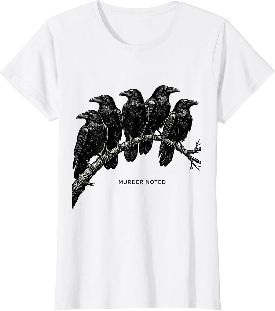 Women's Murder Noted Linocut Dark Humor Crow Raven Bird Lover T-Shirt - White