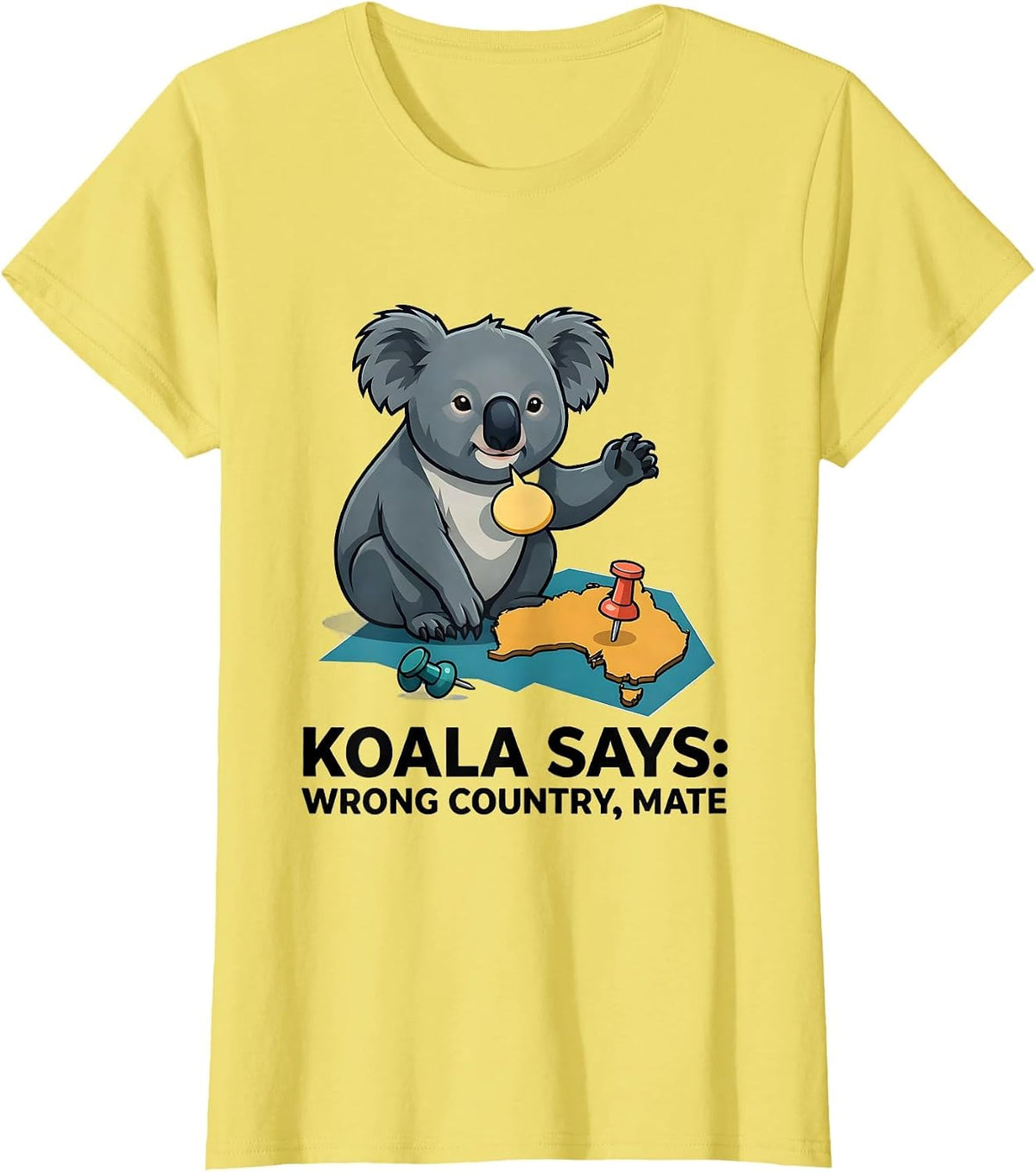 Koala Says: Wrong Country, Mate Funny Australia Souvenir T-Shirt - Lemon Yellow