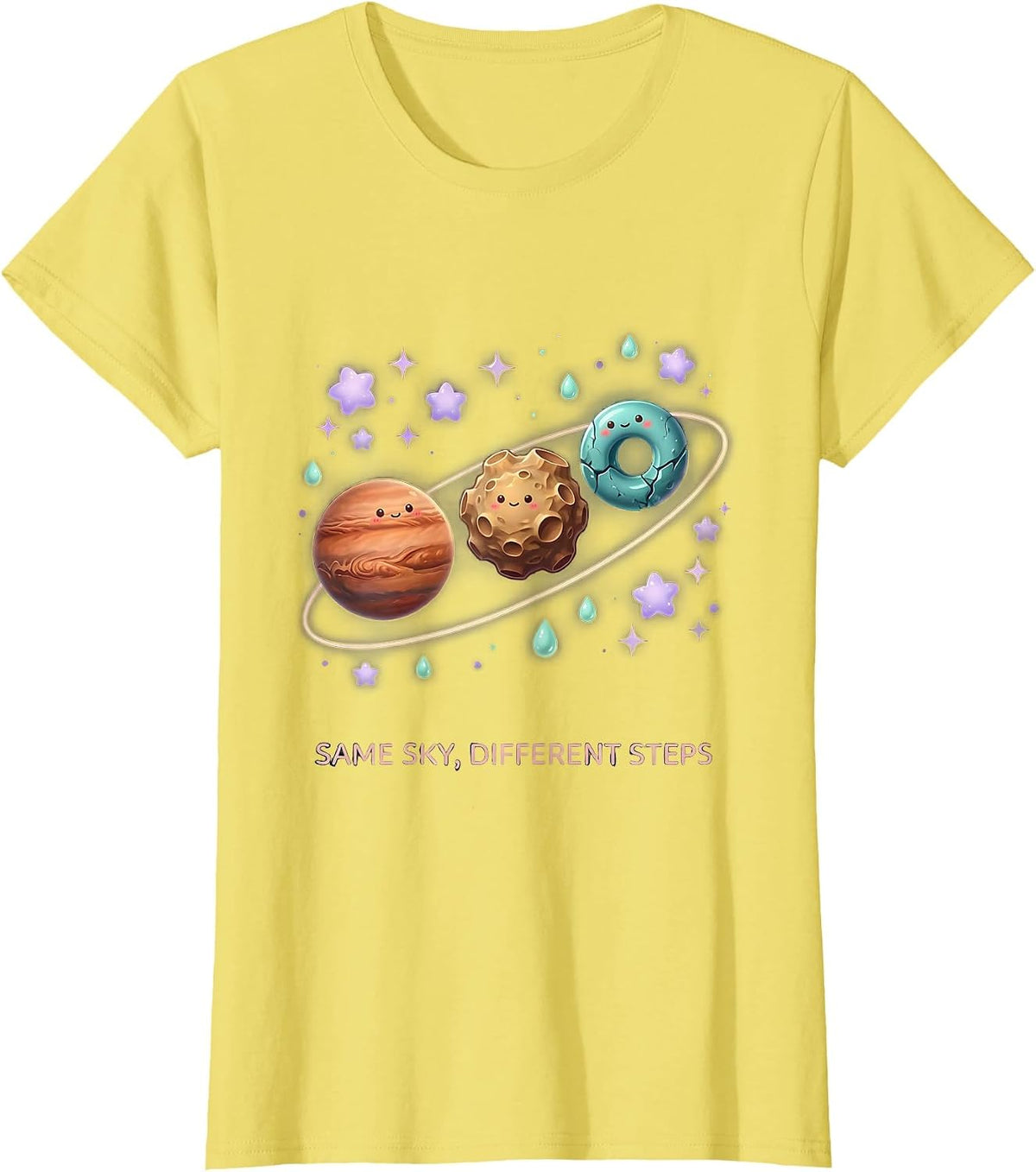 Women's Same Sky Different Steps Cute Kawaii Neurodiverse Universe T-Shirt - Lemon Yellow