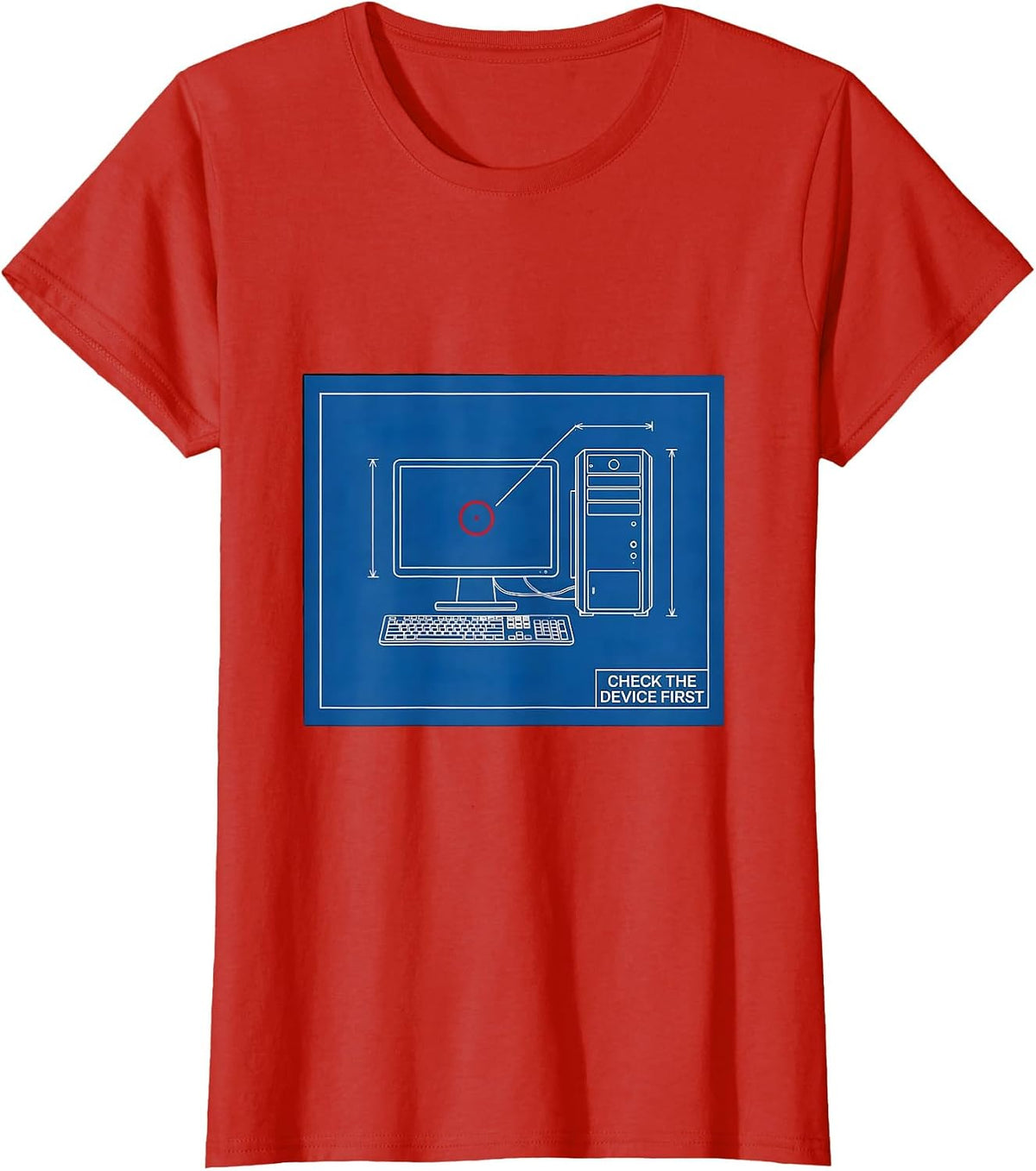 Check The Device First Technical Blueprint IT Support Humor T-Shirt - Red