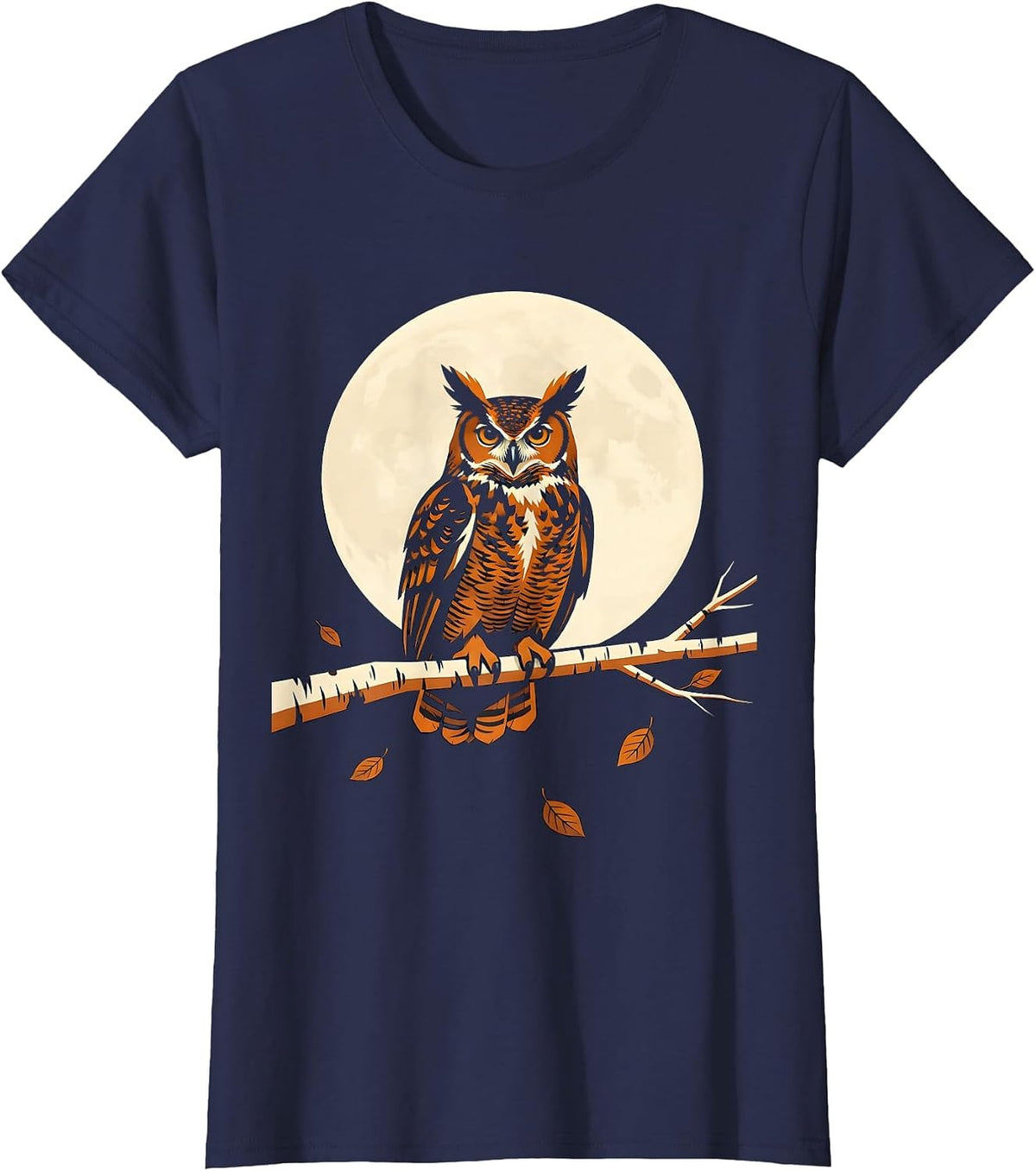 Women's Owl on Birch Branch Autumn Night Illustration T-Shirt - Navy Blue