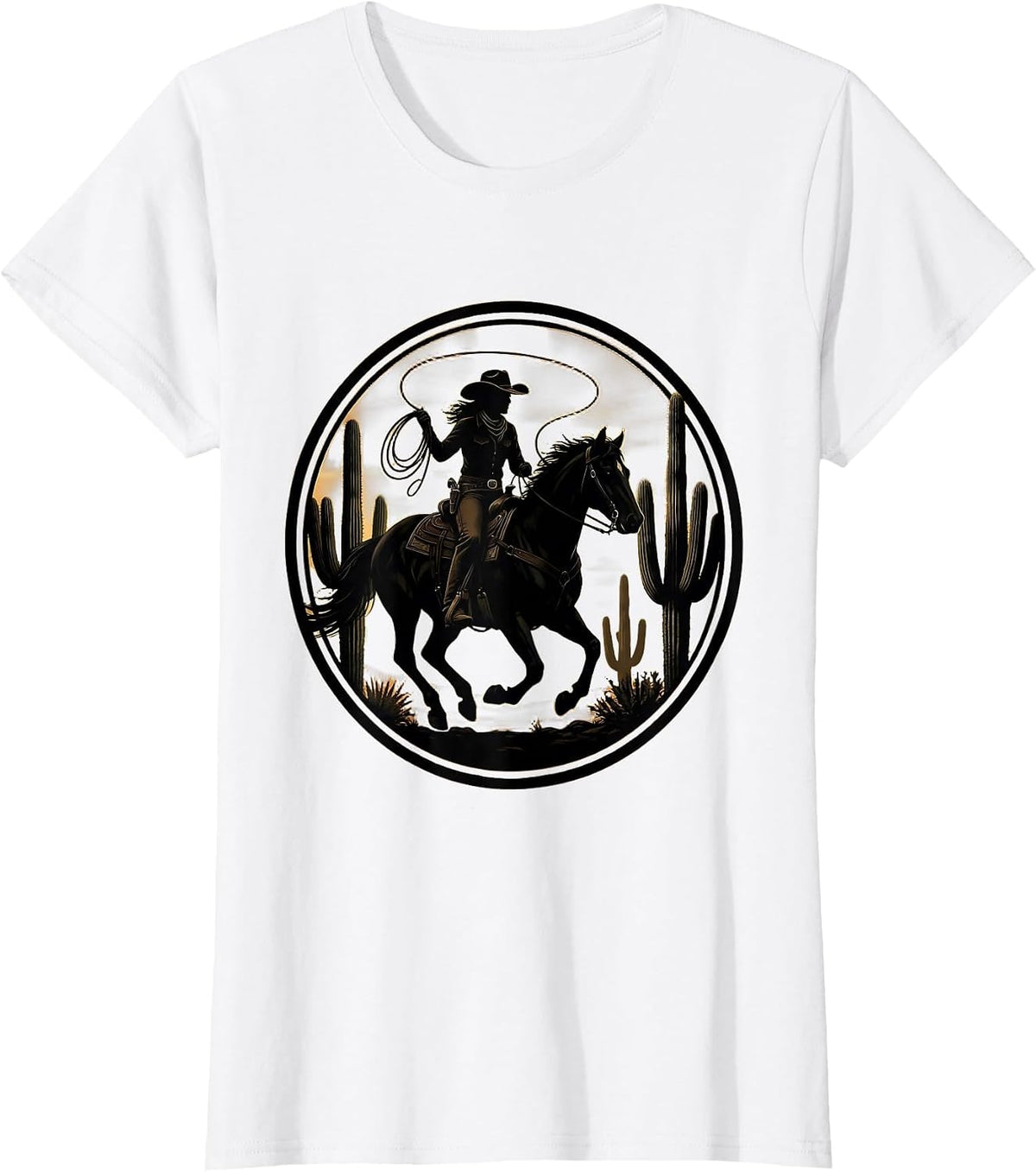 Black Cowgirl Riding Horse Through Cactus Field T-Shirt - White