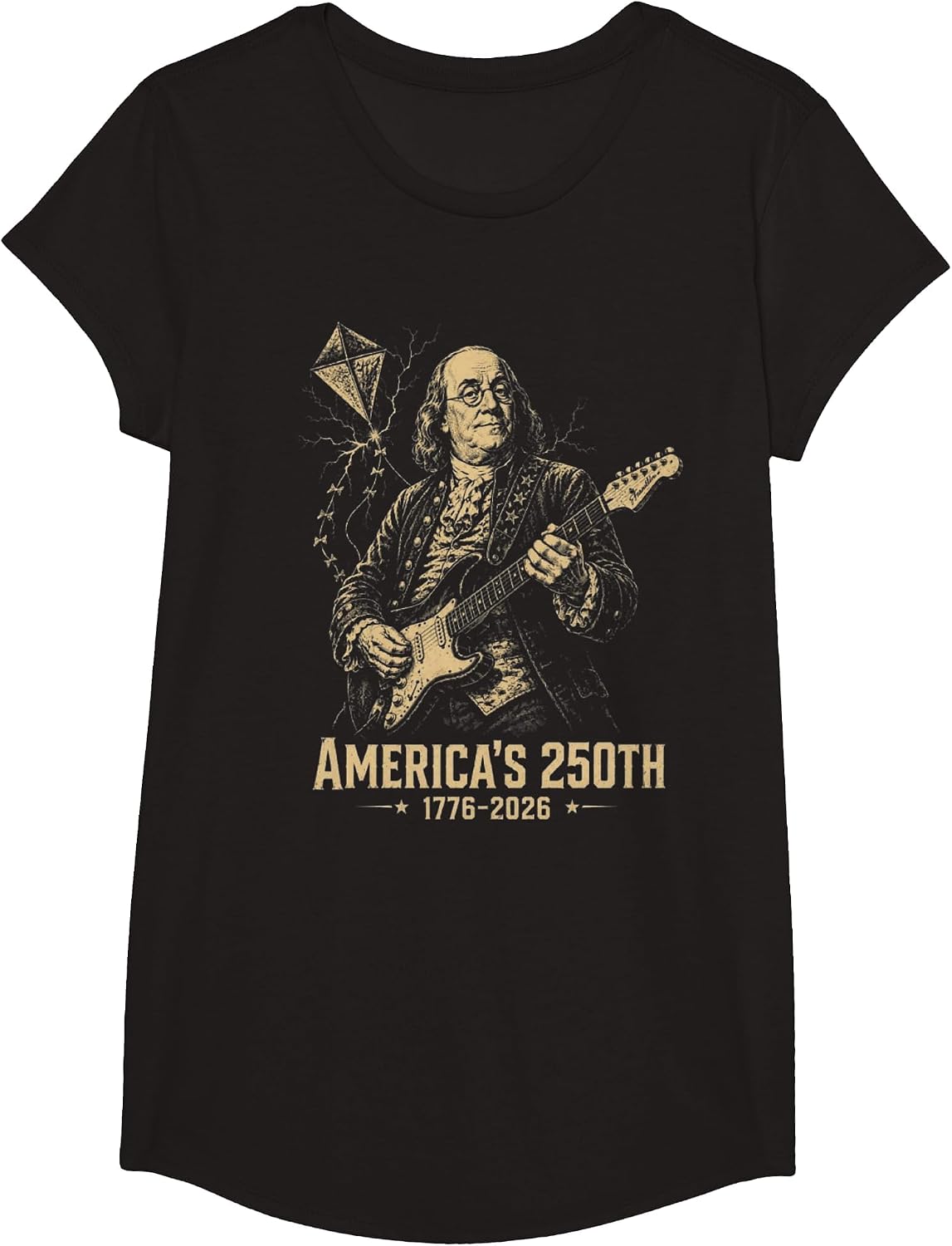 Ben Franklin Playing Electric Guitar America's 250th T-Shirt - Girls Black