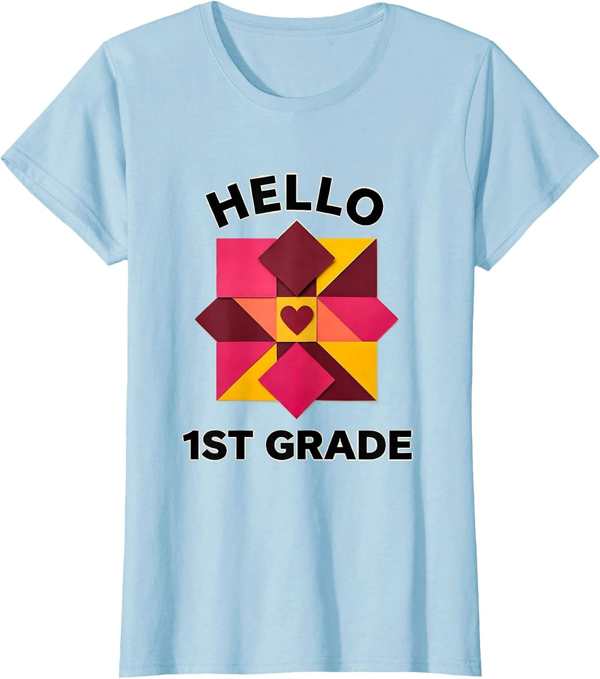 Hello 1st Grade Quilt Block Patchwork Back To School Teacher T-Shirt - Baby Blue