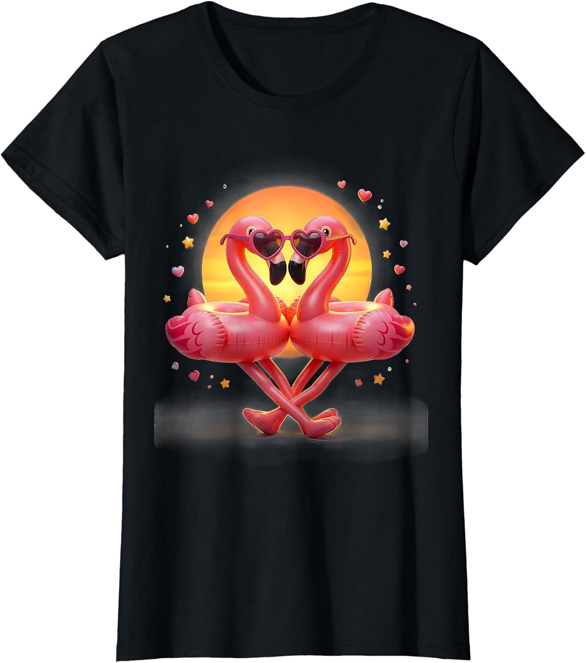 Pink Flamingo Heart Sunglasses Summer Vacation Party T-Shirt - Black