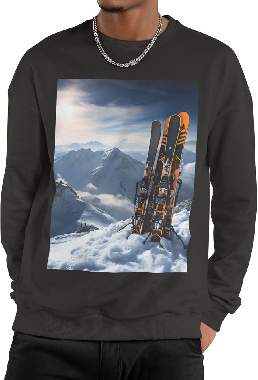 Men's Crewneck Sweatshirts Skis on mountain Long Sleeve Casual Basic Pullover Tops Sun Protection Shirts Deep Heather - As