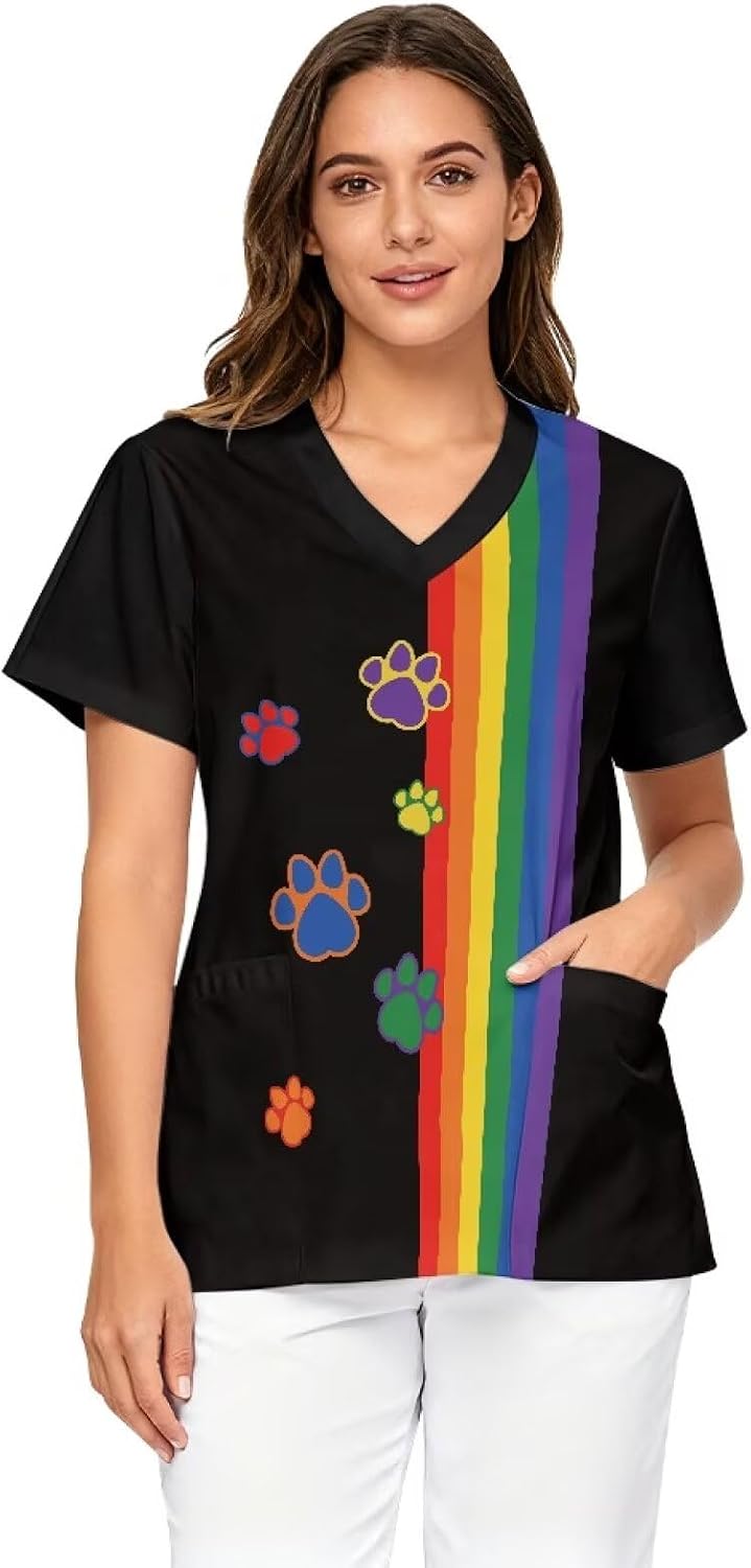 V-Neck Scrub Tops for Women, Soft Stretch Fabric & Short Sleeve Nurse Shirts with 2 Pockets - Black - Colorful Paw & Rainbow