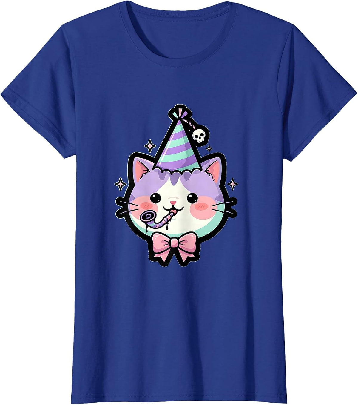 Women's Funbibi Cat Party Hat Noisemaker Celebration T-Shirt - Royal Blue