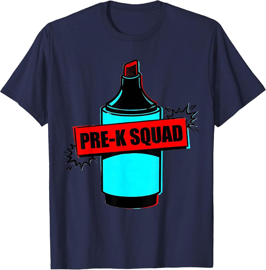 Pre-K Squad Pop Art Teacher Crew First Day of School Gift T-Shirt - Navy Blue