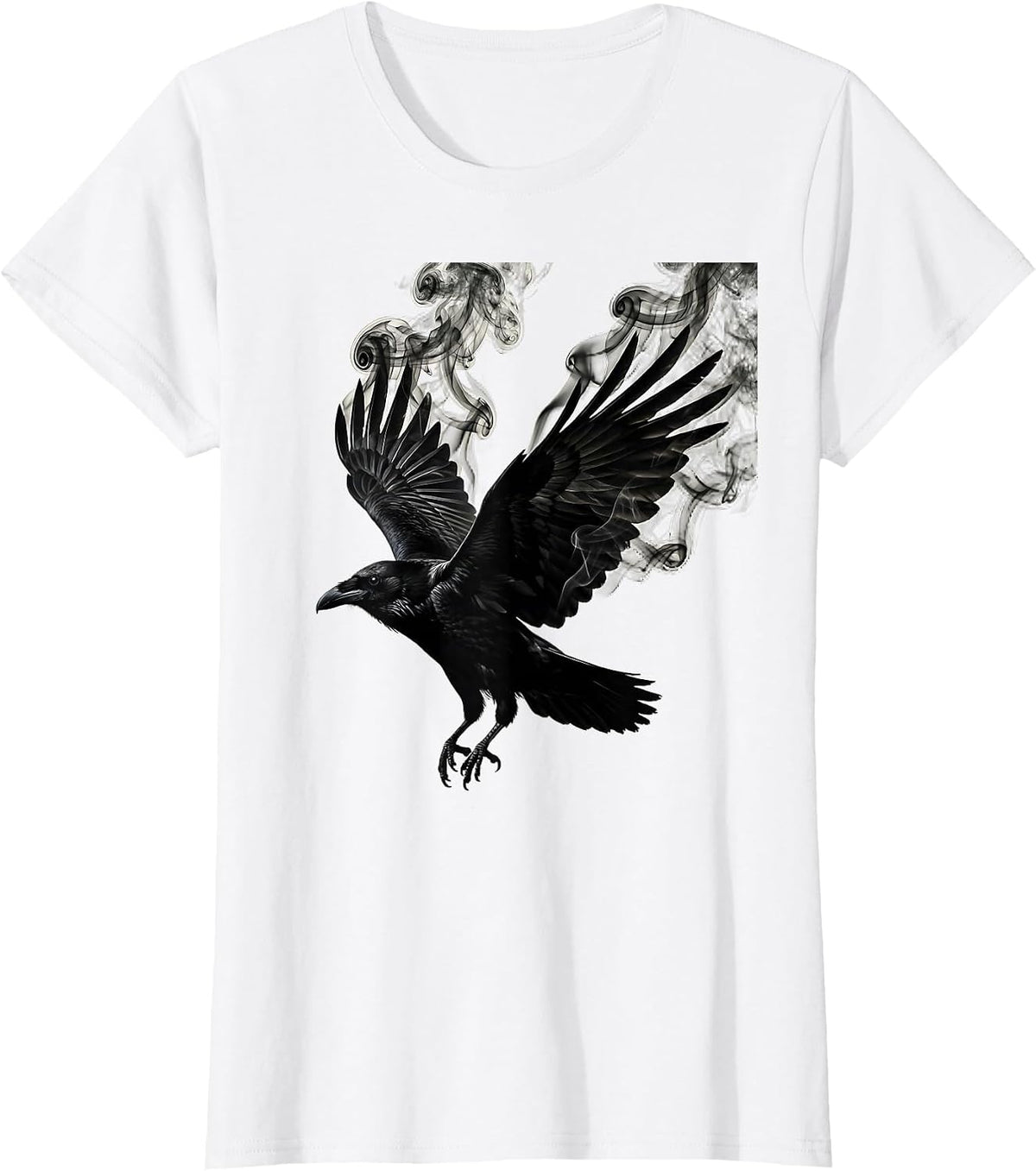 Women's Raven With Smoke Curling From Wings Art T-Shirt - White
