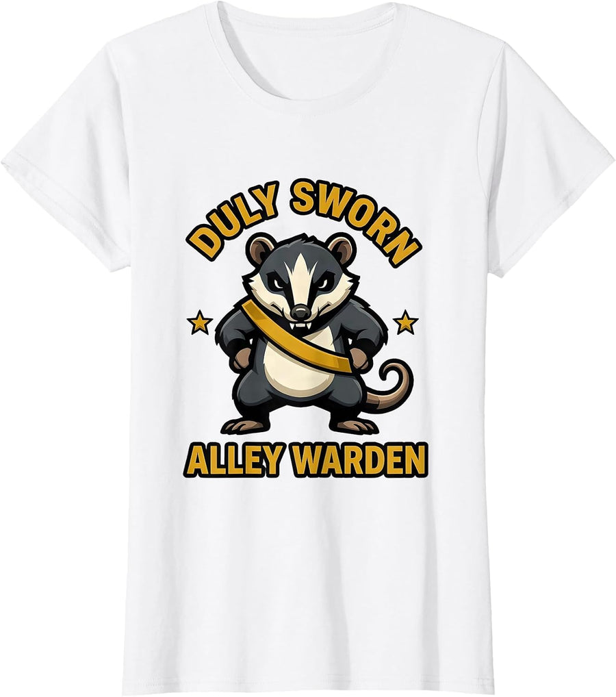 Women's Duly Sworn Alley Warden Funny Opossum Mascot Meme Logo T-Shirt - White