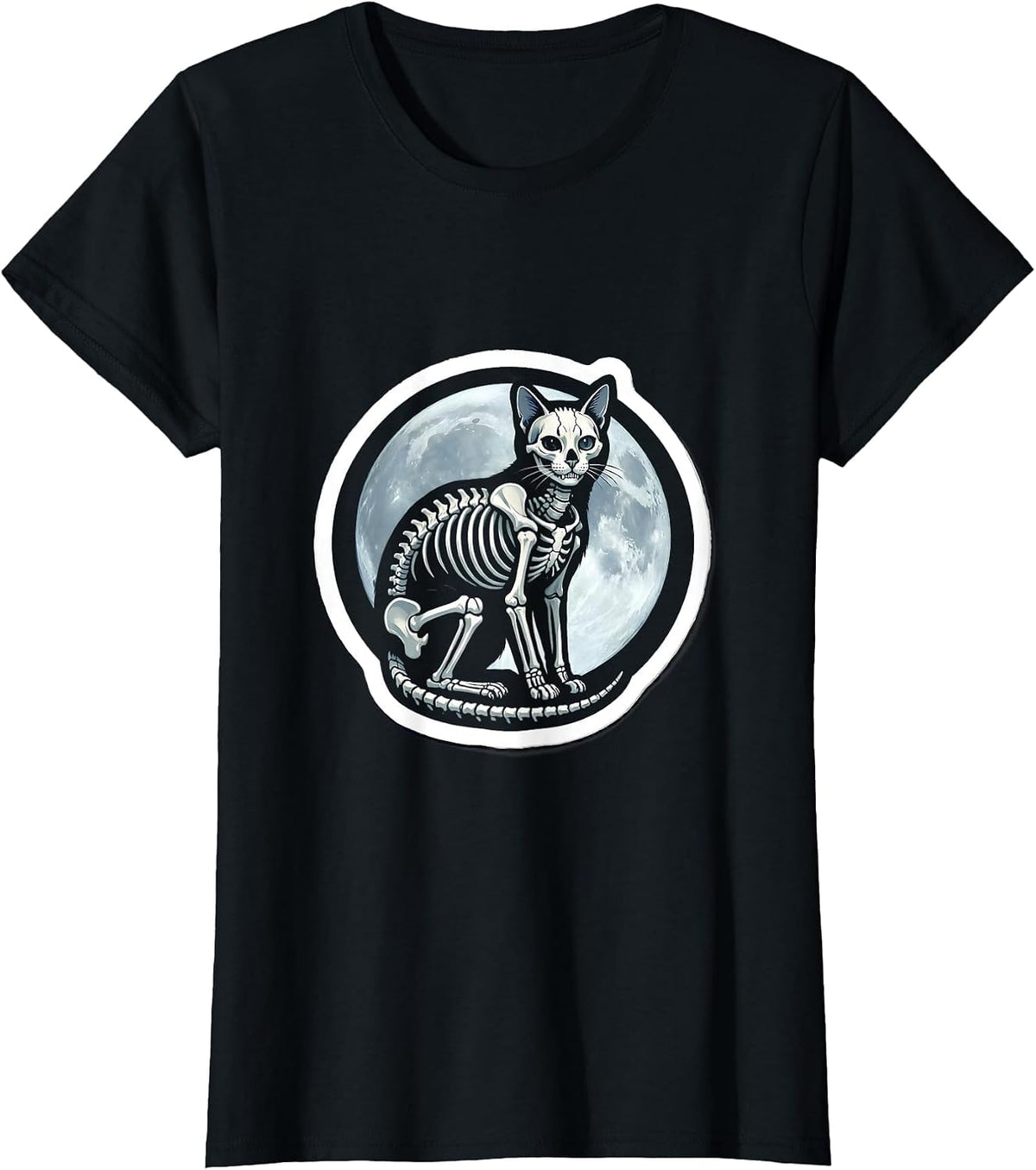 Cat Skeleton Glowing Under Moonlight Illustration T-Shirt - Black