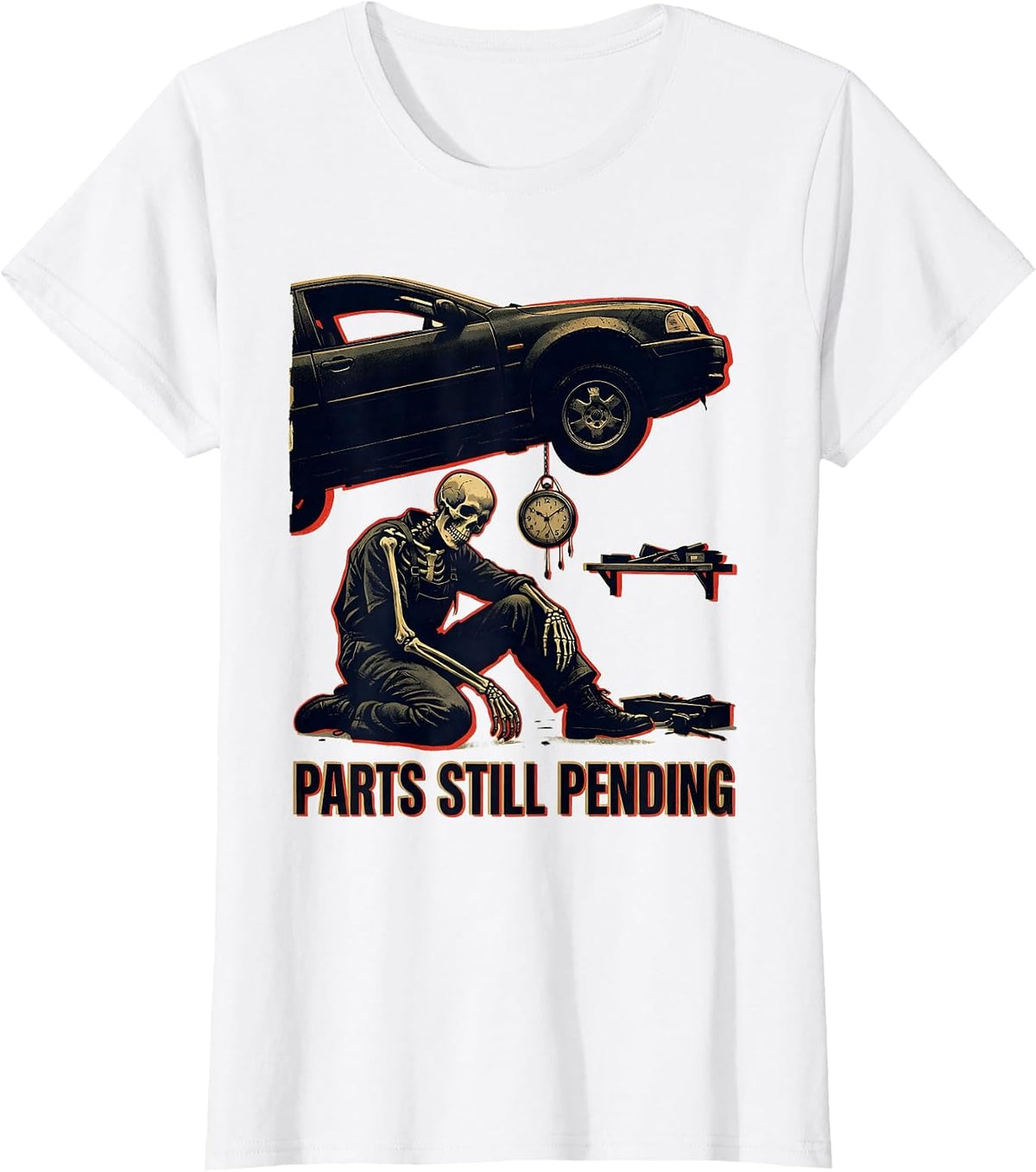 Parts Still Pending Funny Mechanic Skeleton Auto Repair T-Shirt - White