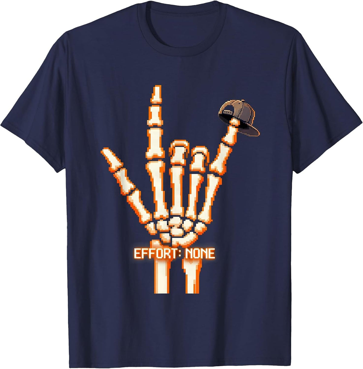 Men's Effort: None Pixel Art Skeleton Rock On Halloween Humor T-Shirt - Navy Blue
