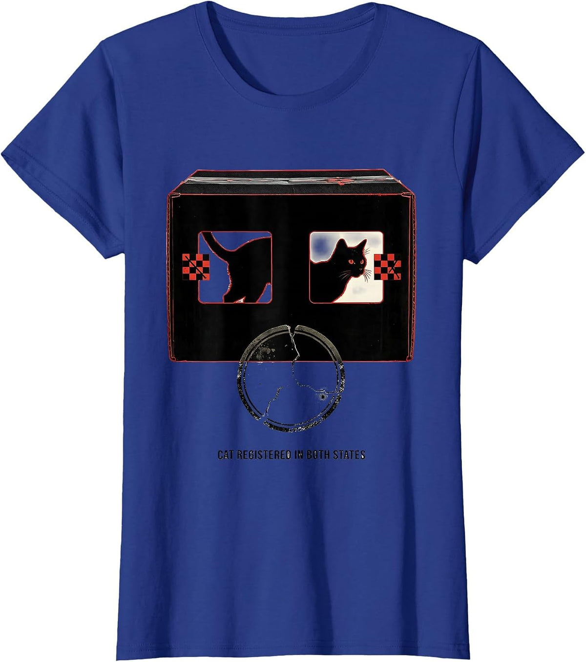 Women's Cat Registered In Both States Quantum Physics Science Humor T-Shirt - Royal Blue