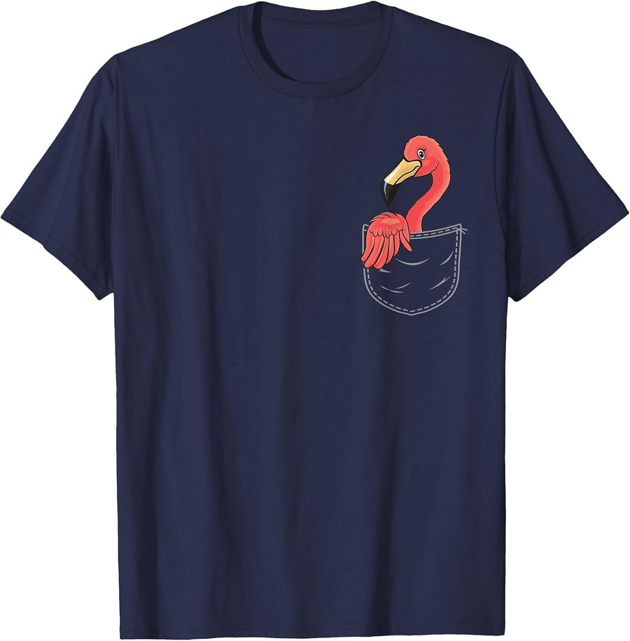 Flamingo in Breast Pocket Pink Bird Bag Funny T-Shirt - Navy Blue