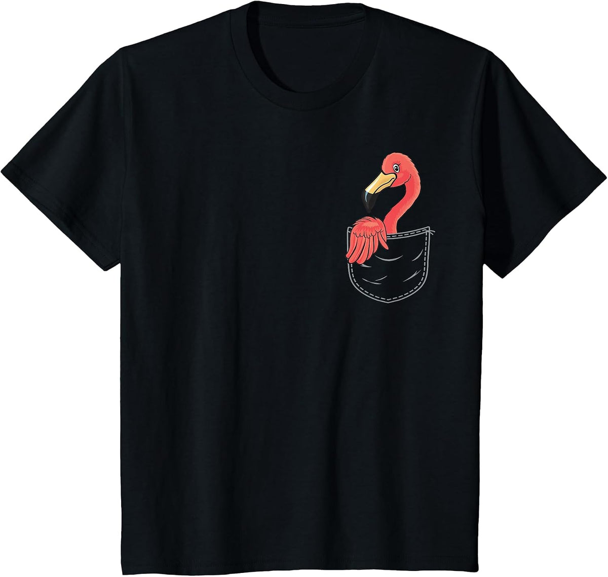 Flamingo in Breast Pocket Pink Bird Bag Funny T-Shirt - Black