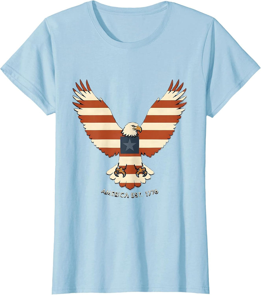 Women's America Est. 1776 Stencil Graphic Patriotic 4th of July T-Shirt - Baby Blue