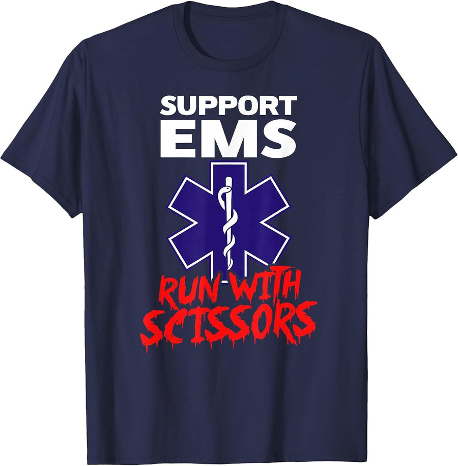Support EMS Run with Scissors Funny Paramedic Halloween T-Shirt - Navy Blue
