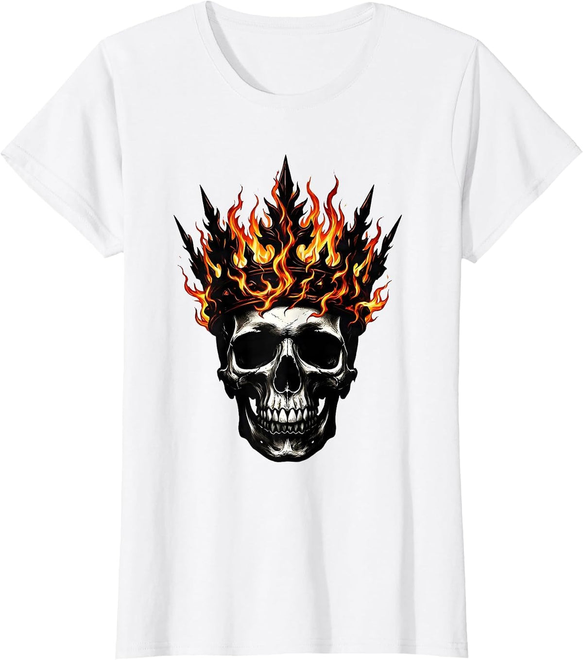 Skull With Burning Crown of Flames Graphic T-Shirt - White