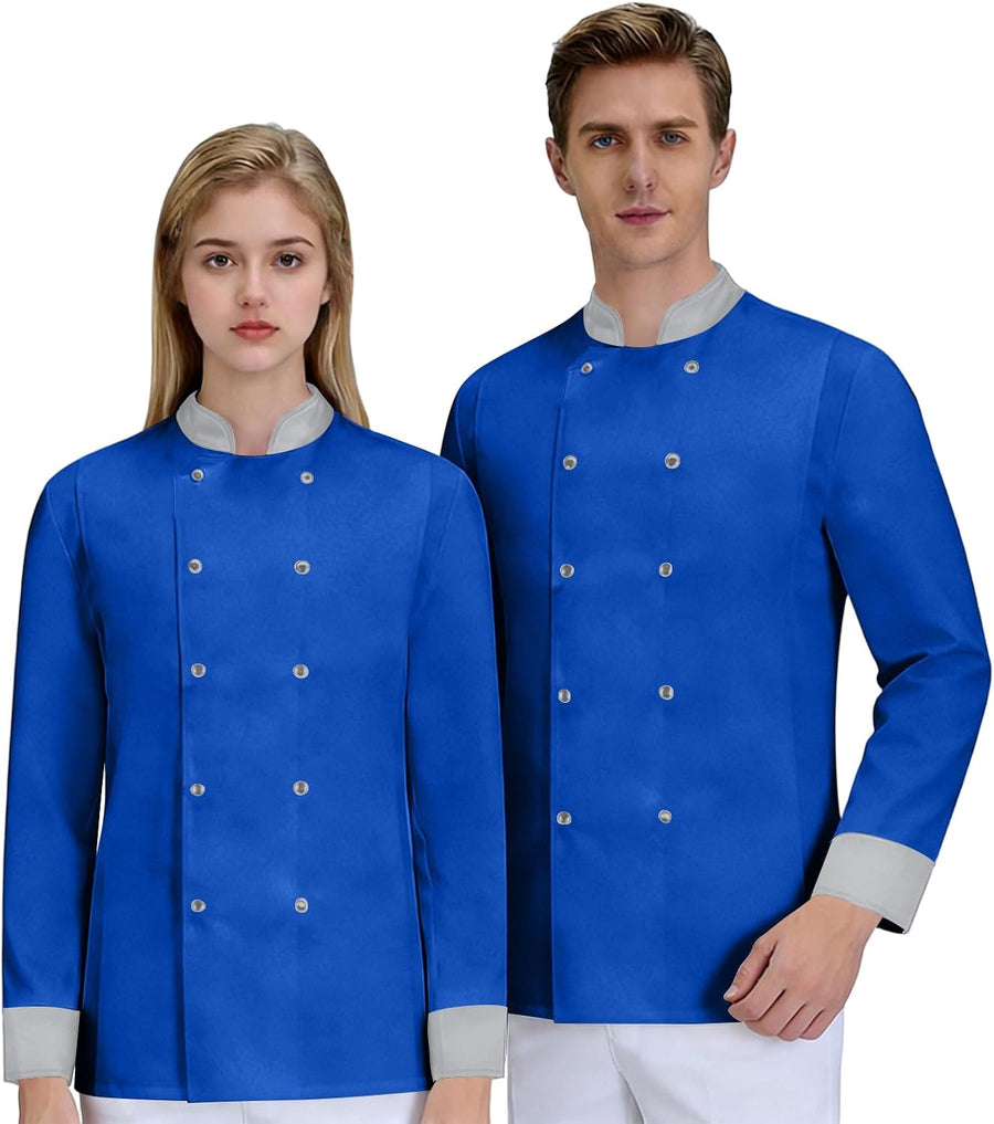 Chef Shirts for Men Long Sleeve Chef Jacket Button Down Uniform Shirt Outfits for Restaurant Kitchen Work Cooking - 02-blue