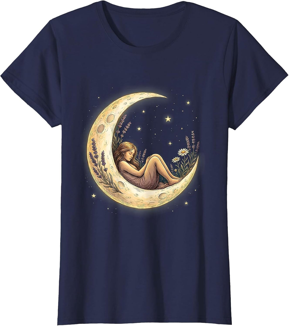 Women's Crescent Moon Sleeping Figure Suicide Prevention T-Shirt - Navy Blue