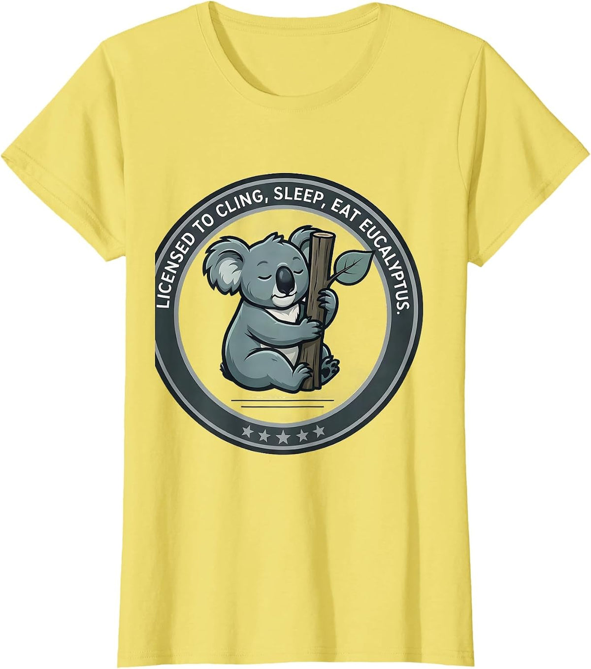 Licensed To Cling, Sleep, Eat Eucalyptus Funny Koala Lover T-Shirt - Lemon Yellow