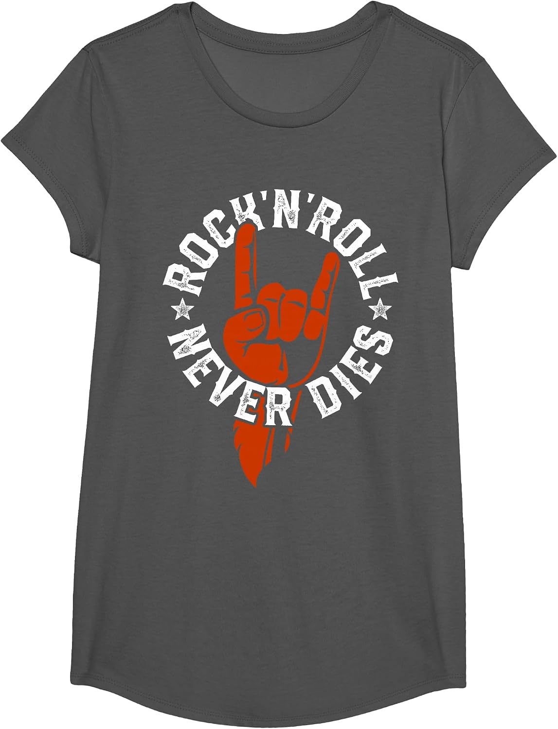 Rock N Roll Never Dies Rock and Roll Heavy Metal Music T-Shirt - Girls Asphalt Grey