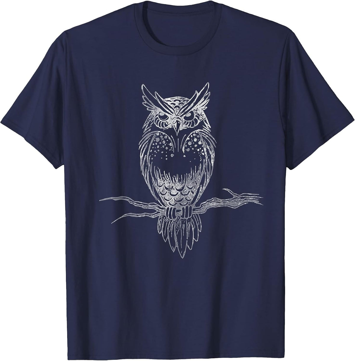 Great Horned Owl Distressed Design T-Shirt T-Shirt - Navy Blue
