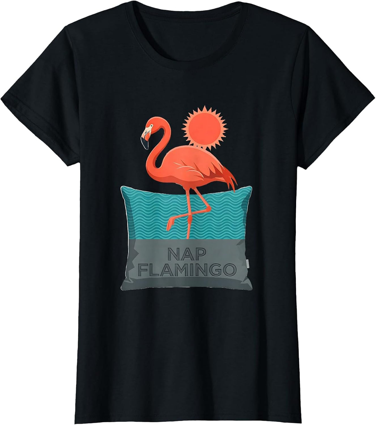 Nap Flamingo Flat Vector Japanese Pop Culture Animal Mashup T-Shirt - Black