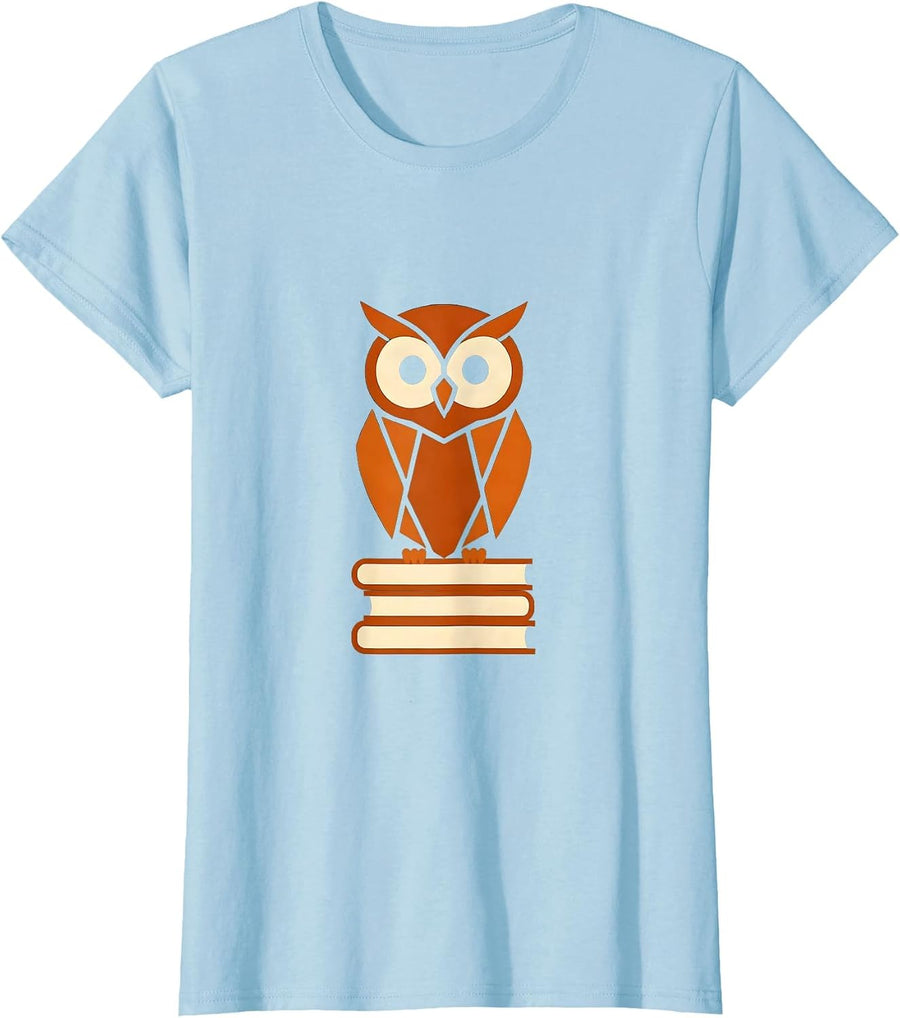 Women's Fall Teacher Owl on Books Illustration T-Shirt - Baby Blue