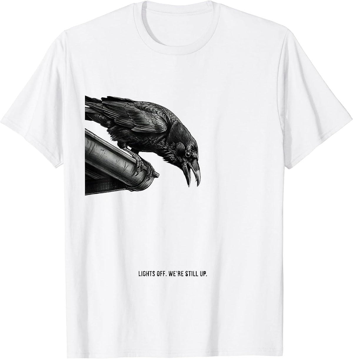 Men's Lights Off We're Still Up Funny Crow Bird Lover Gothic Humor T-Shirt - White