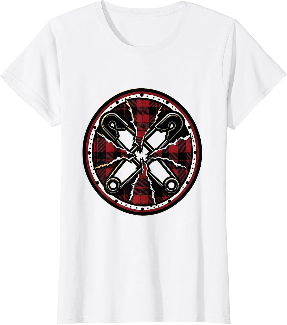 Punk Safety Pin Torn Fabric Graphic Tee T-Shirt - White